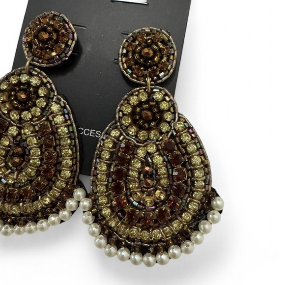 Elegant Shiny Gold and Brown Pearl Drop Earrings, Teardrop Oversized Boho Style - Picture 2 of 3